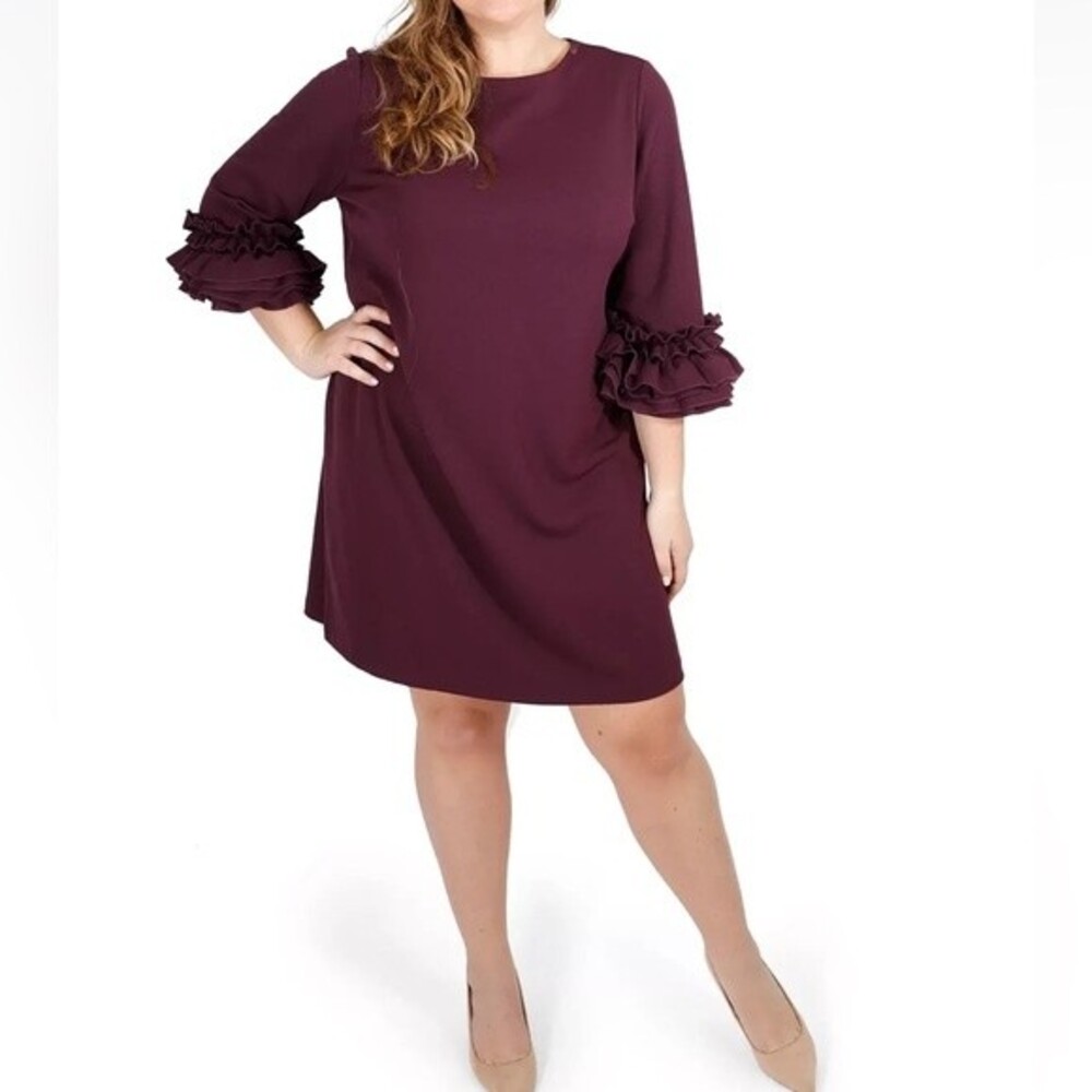 Maree Pour Toi Sheath Dress Size 14 Scuba Ruffle 3/4 Sleeve Jewel Neck Women